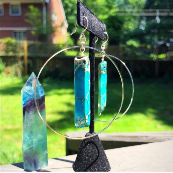 Free People Jewelry - Large silver hoop turquoise earrings